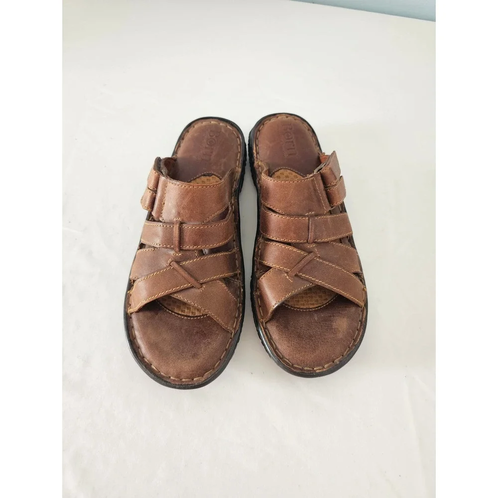 Rustic Born Leather Slide Sandals Mens 8 Brown Fisherman Woven Straps B91416